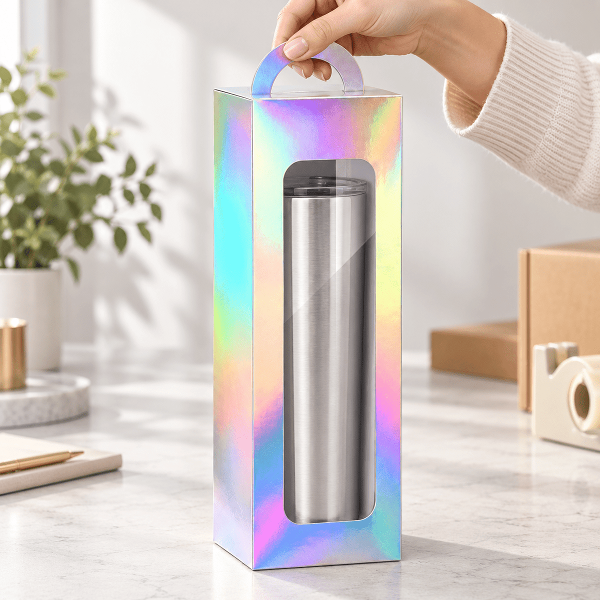 Cutii înalte cu fereastră și mâner, pentru pahare termos - holografic (set 24 buc) - CraftUp