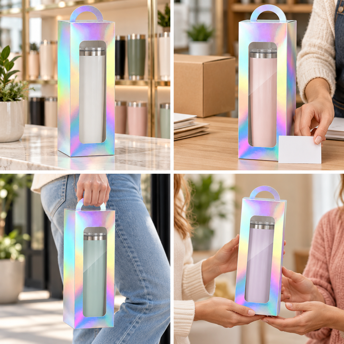 Cutii înalte cu fereastră și mâner, pentru pahare termos - holografic (set 24 buc) - CraftUp
