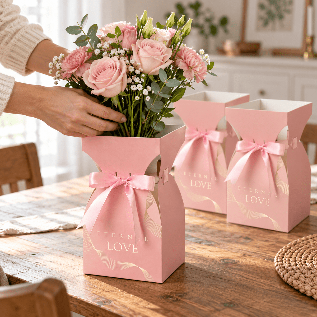 Cutii tip vază pentru buchete de flori, cu fundă - roz (set 10 buc) - CraftUp