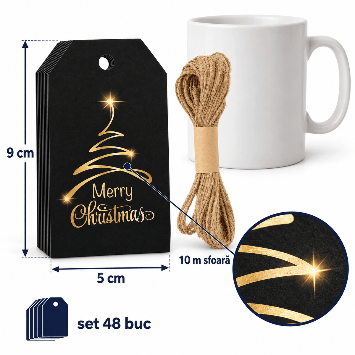 Etichete Crăciun cu brad auriu și sfoară de iută - negru (set 48 buc) - CraftUp