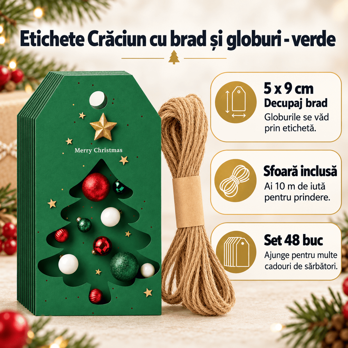 Etichete Crăciun cu brad și globuri - verde (set 48 buc) - CraftUp