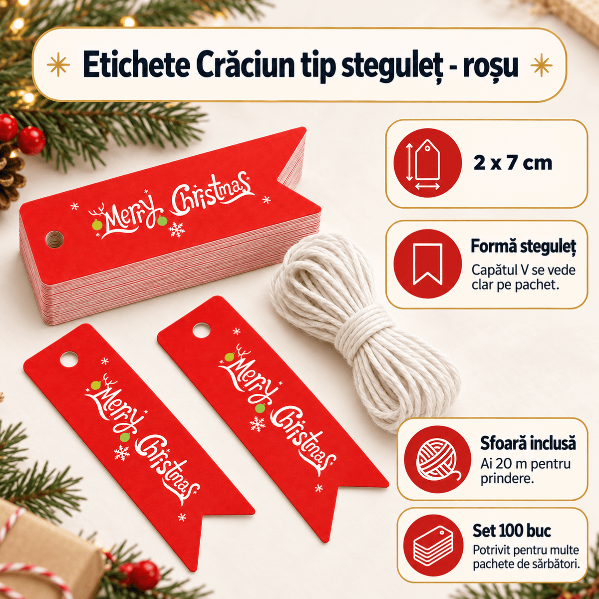 Etichete Crăciun tip steguleț - roșu (set 100 buc) - CraftUp