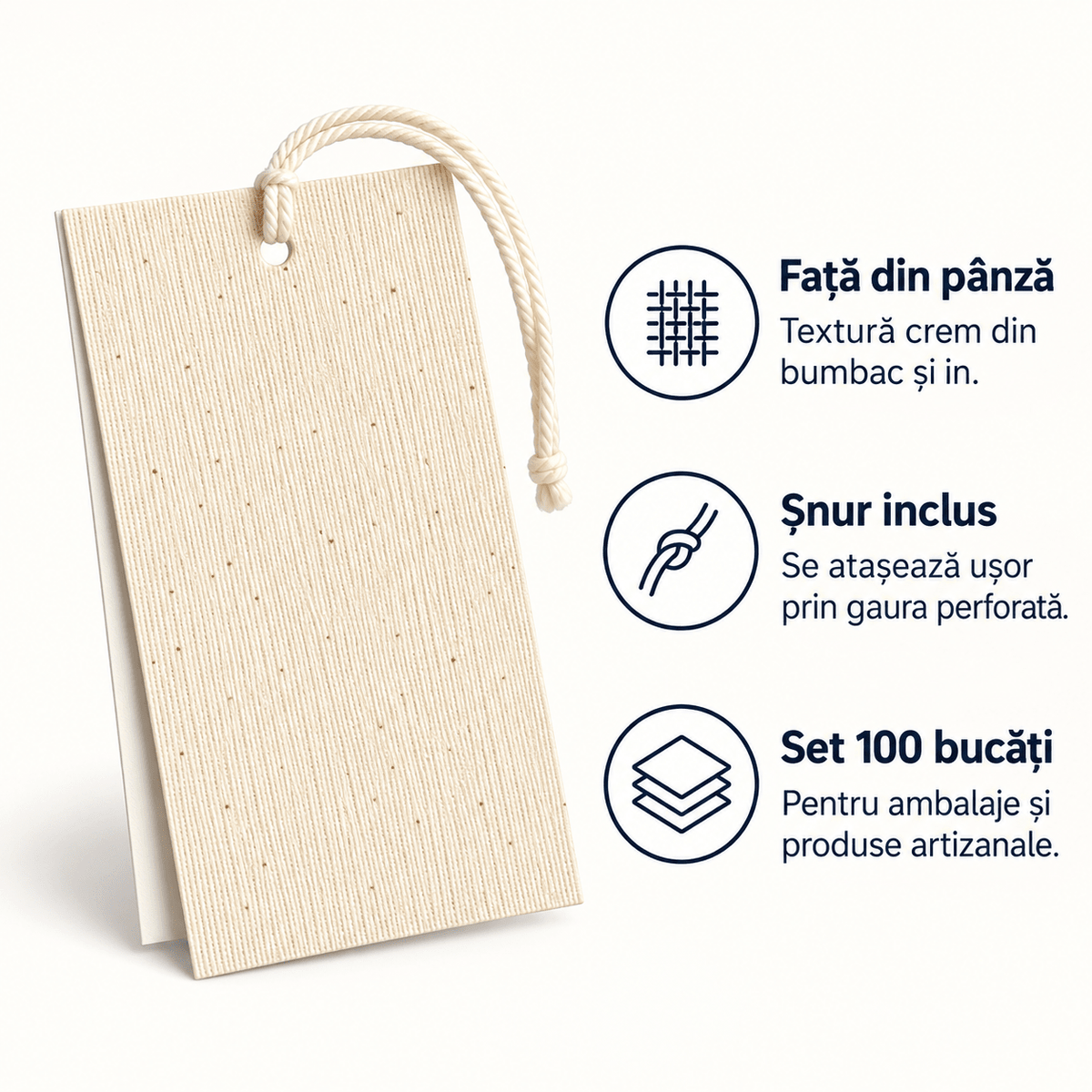 Etichete din carton cu față din pânză și șnur de bumbac - crem (set 100 buc) - CraftUp