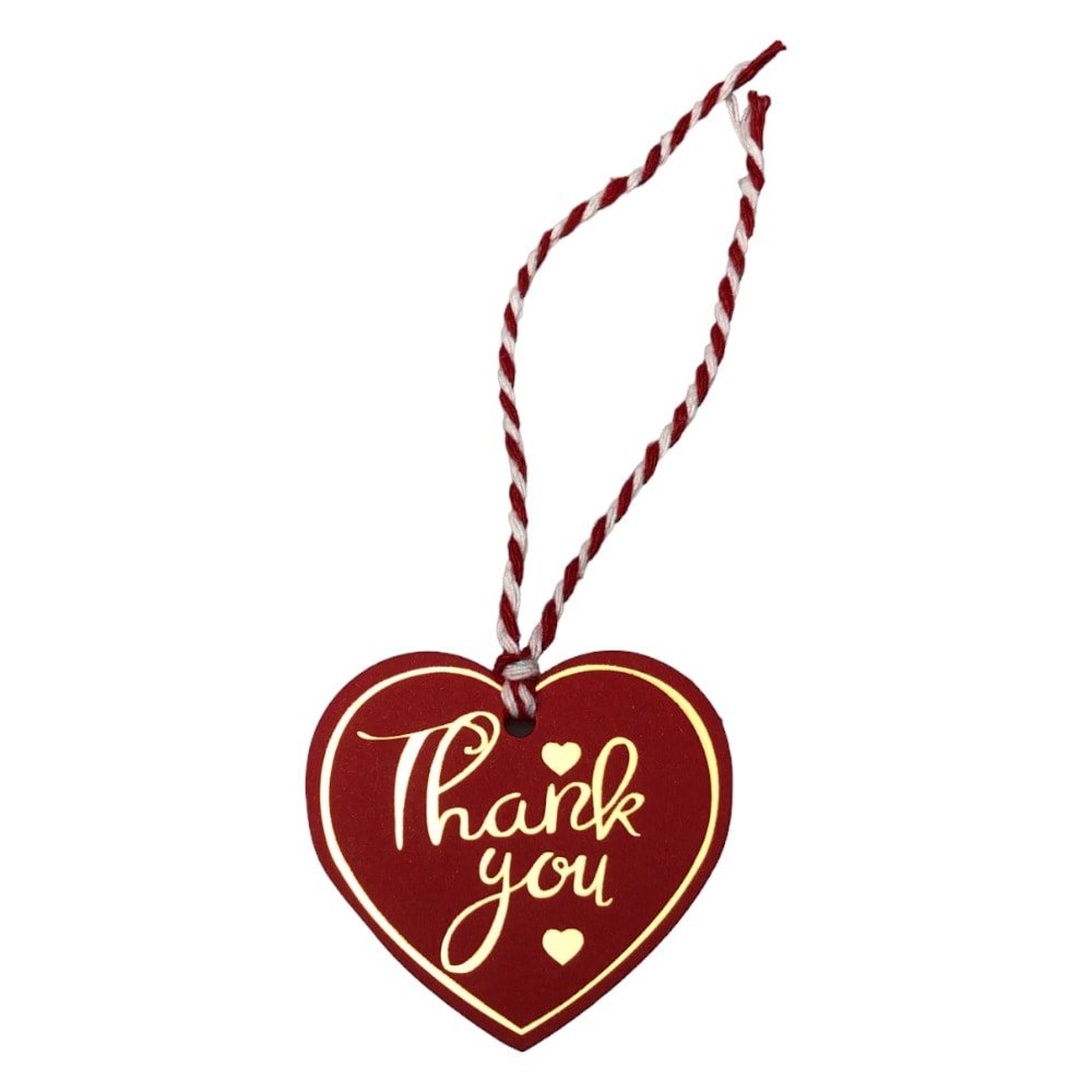 Etichete din hârtie în formă de inimă Thank you 5cm - roșu (set 100 buc) - CraftUp
