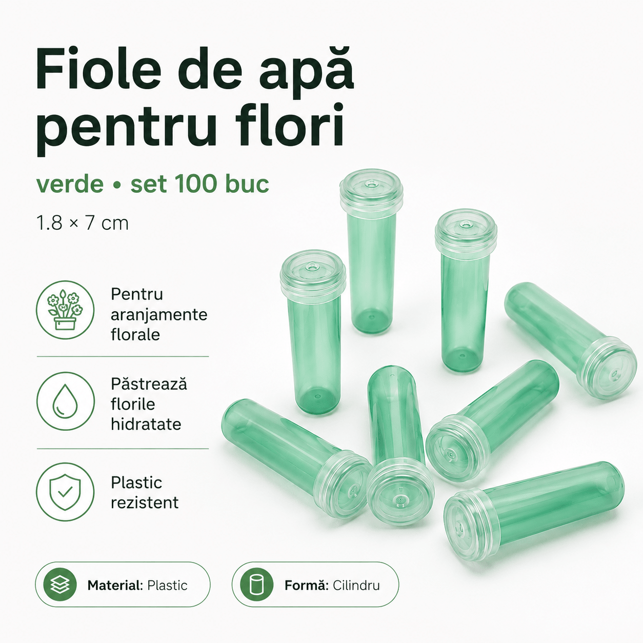 Fiole de apă pentru flori - verde (set 100 buc) - CraftUp
