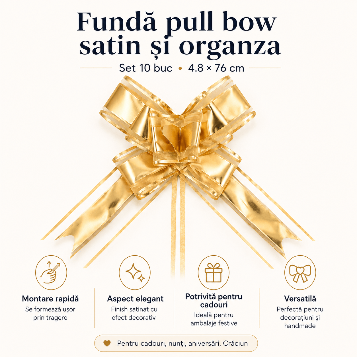 Funde pull bow din satin și organza - auriu (set 10 buc) - CraftUp