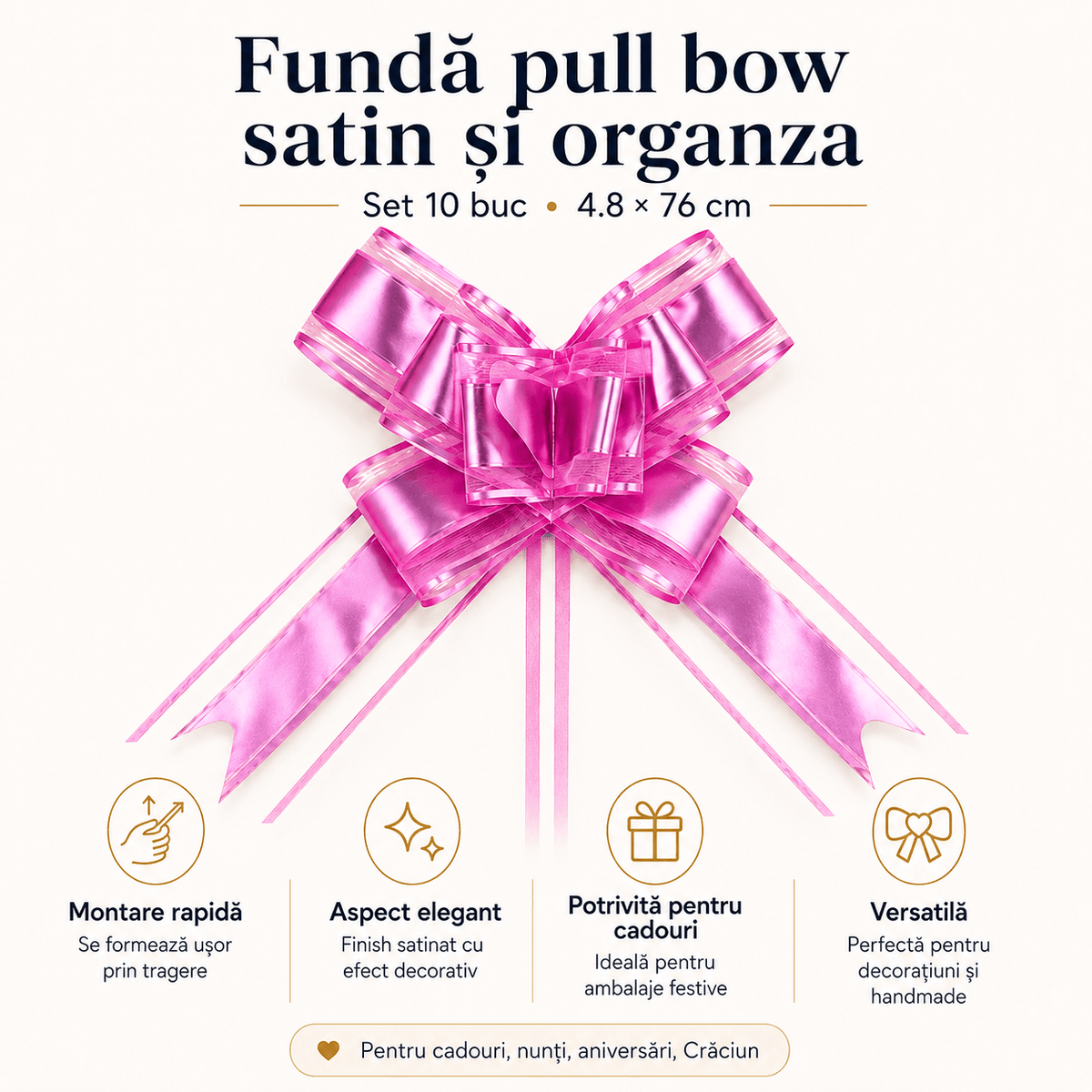 Funde pull bow din satin și organza - roz (set 10 buc) - CraftUp