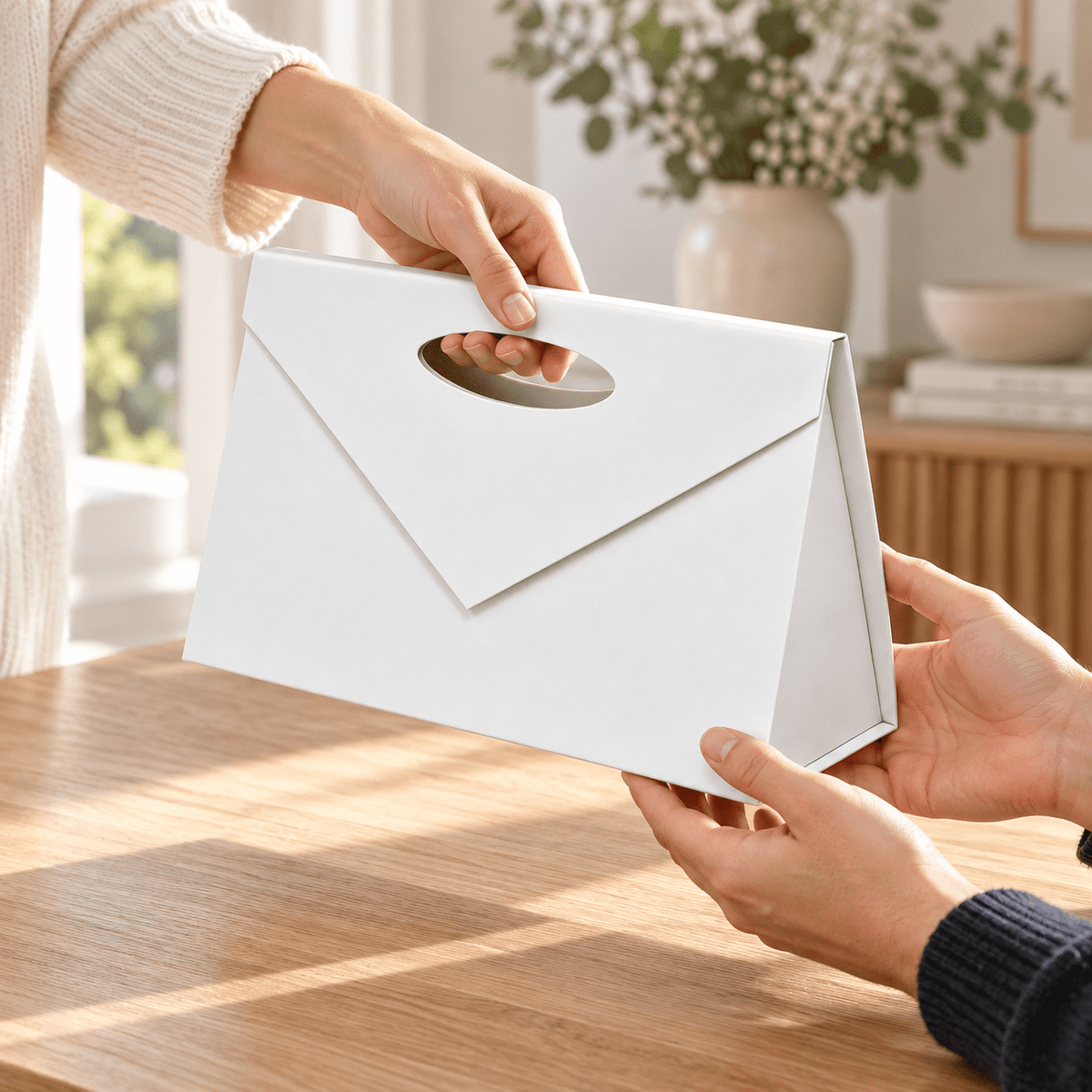 Gentuță cadou din carton tare cu închidere magnetică și mâner decupat - alb - CraftUp