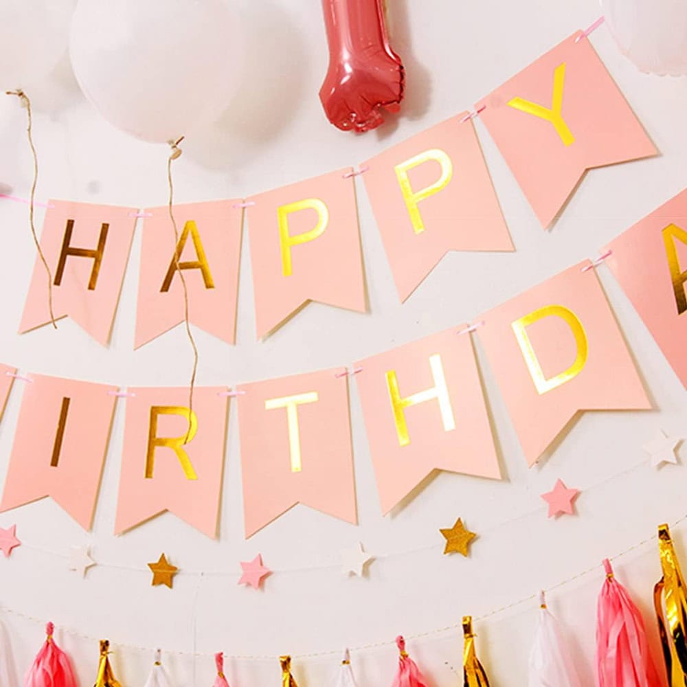 Ghirlandă hârtie cu litere pentru petrecere cu mesaj Happy Birthday - roz - CraftUp