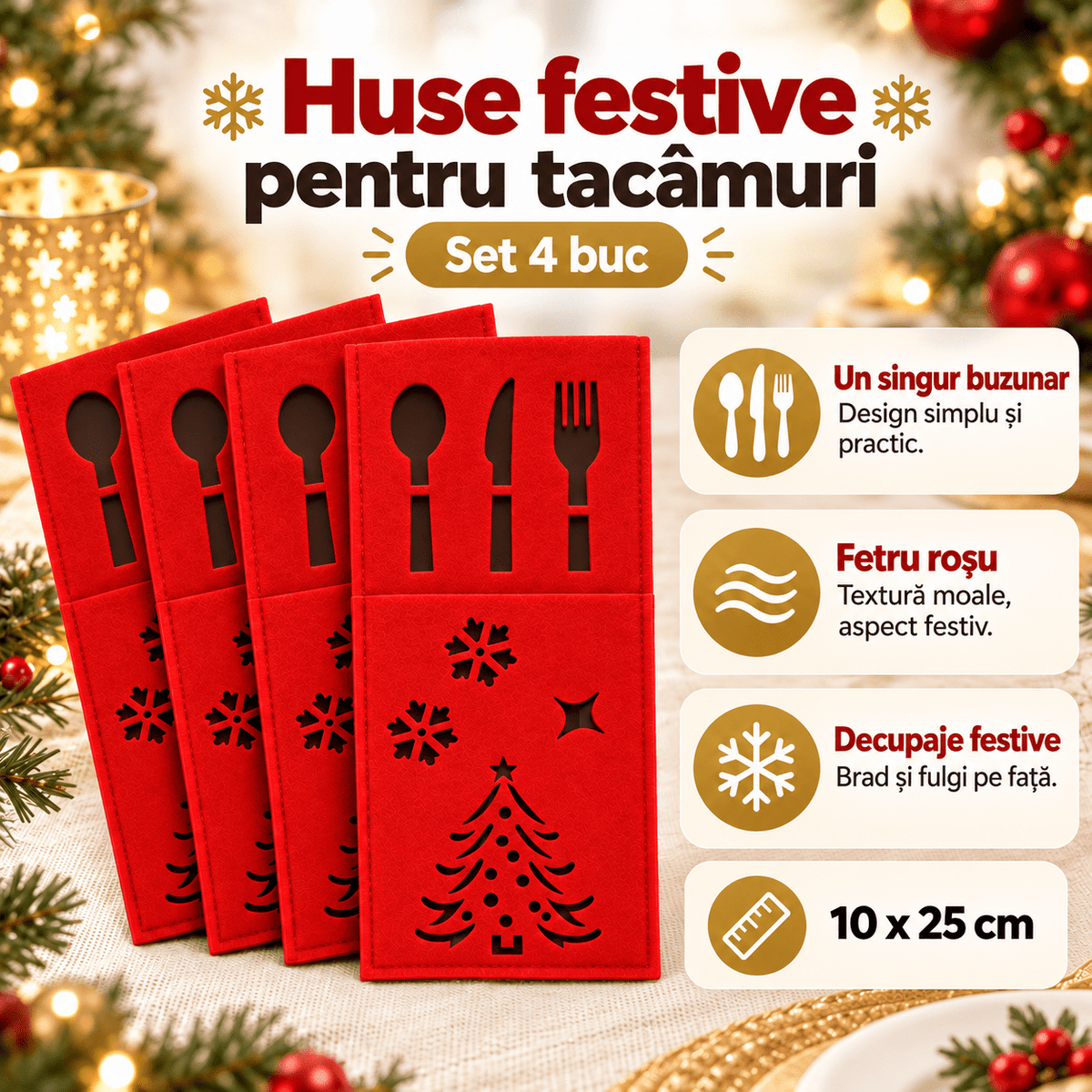 Huse decorative pentru tacâmuri de Crăciun - roșu (set 4 buc) - CraftUp