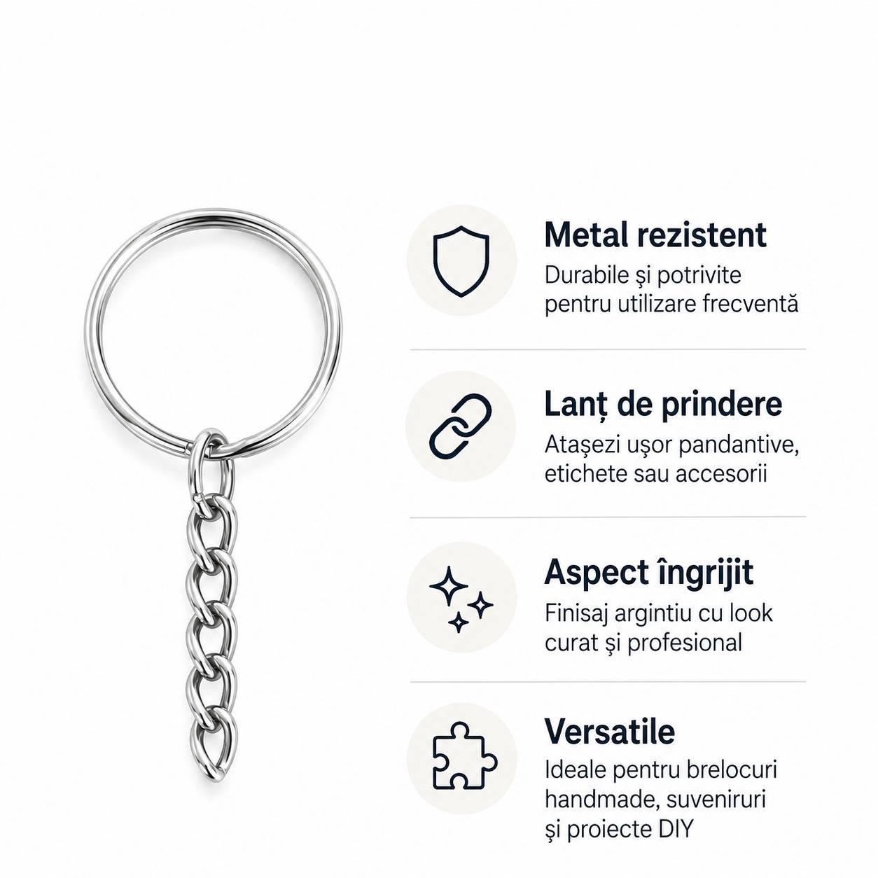 Inele breloc argintii 2.5cm cu lanț (200 buc) - CraftUp