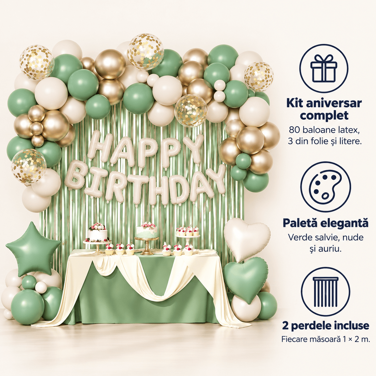 Kit arcadă baloane cu perdea și litere Happy Birthday - verde - CraftUp