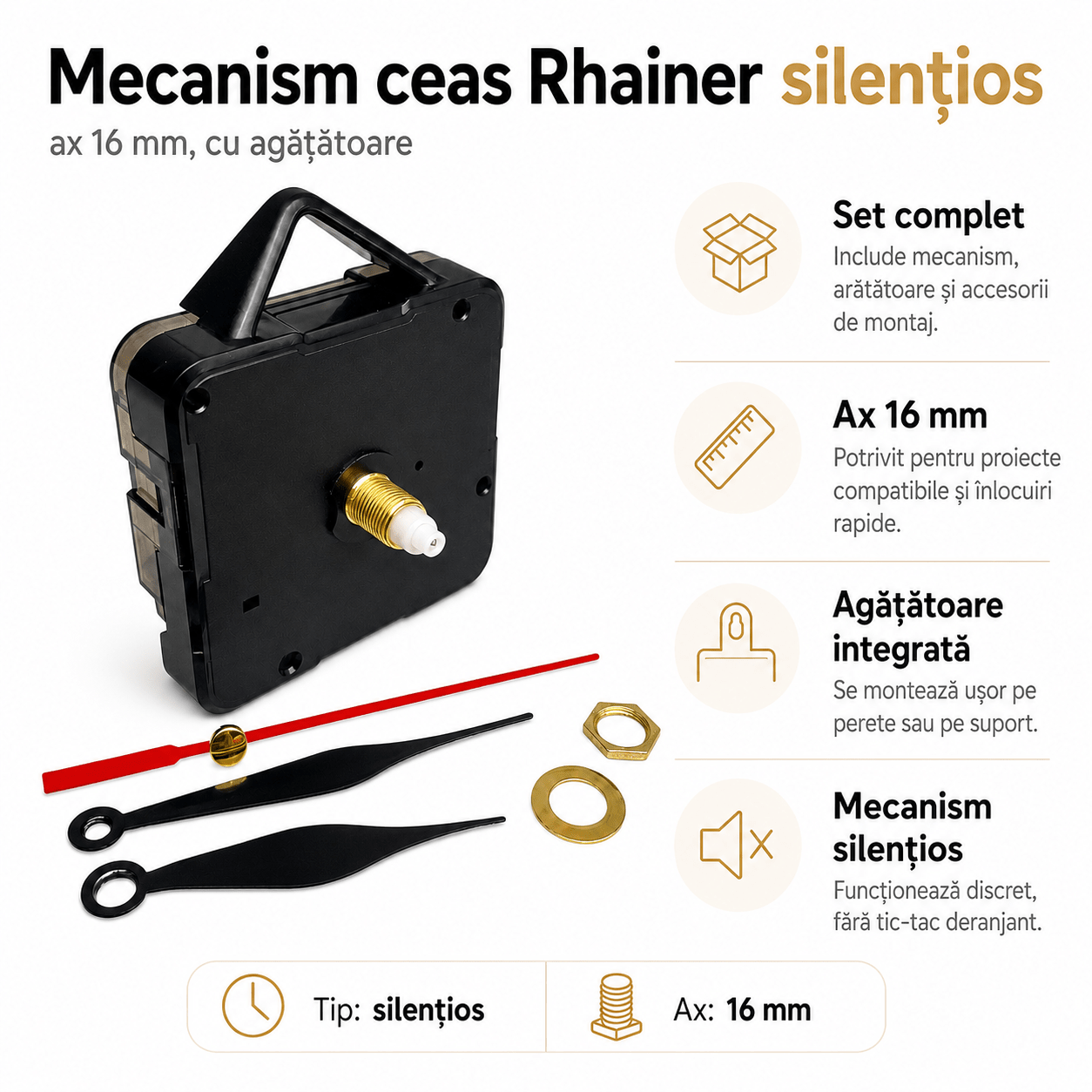 Mecanism ceas Rhainer silențios ax 16mm cu agățătoare - CraftUp