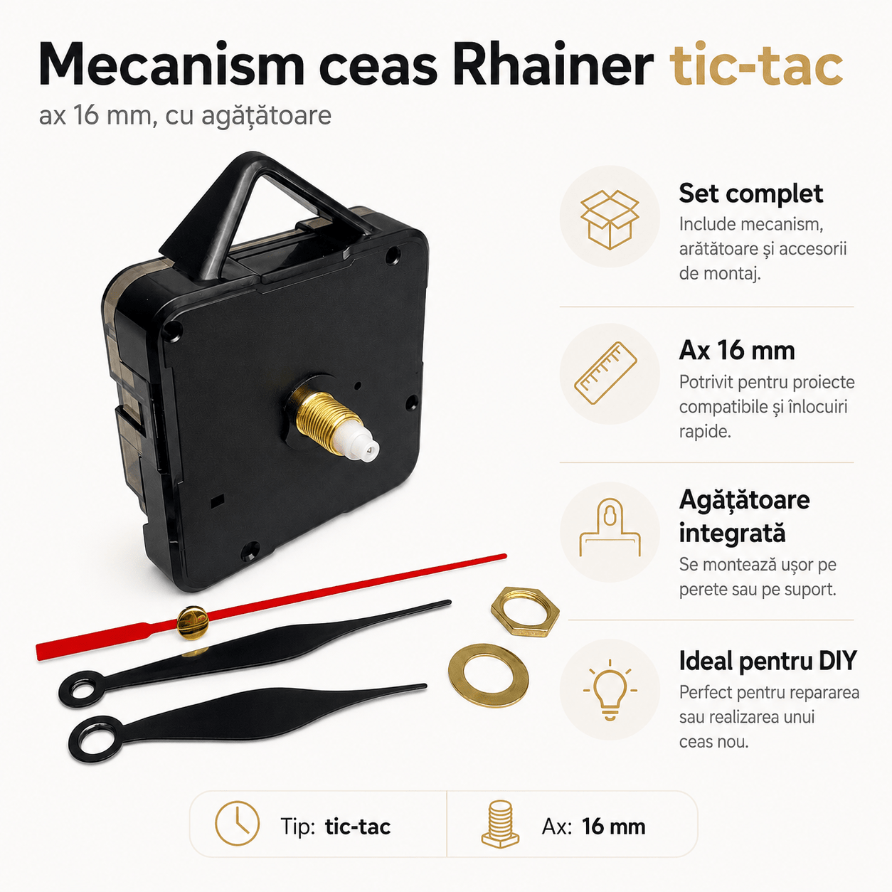 Mecanism ceas Rhainer tic-tac ax 16mm cu agățătoare - CraftUp