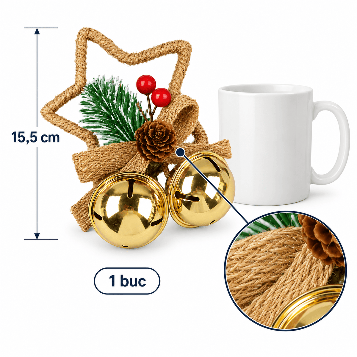 Ornament Crăciun stea din iută cu clopoței - auriu - CraftUp