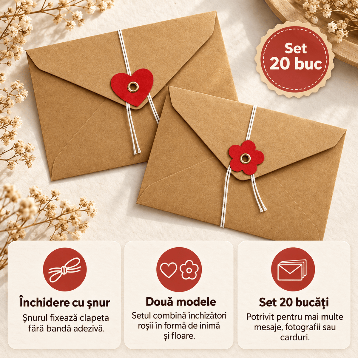 Plicuri cu șnur și închizătoare roșie inimă sau floare - kraft (set 20 buc) - CraftUp