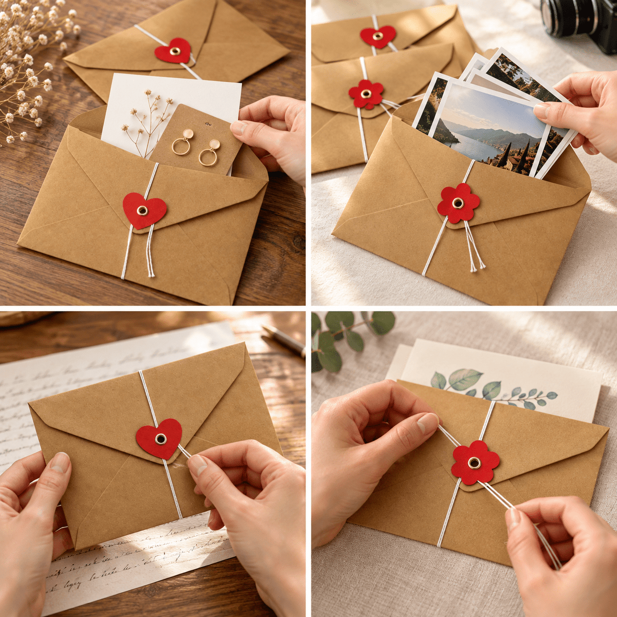 Plicuri cu șnur și închizătoare roșie inimă sau floare - kraft (set 20 buc) - CraftUp