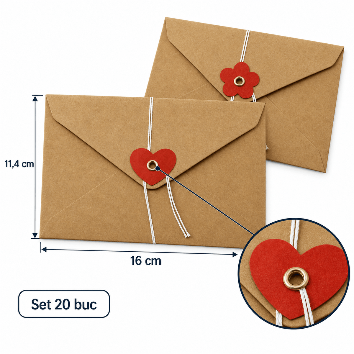 Plicuri cu șnur și închizătoare roșie inimă sau floare - kraft (set 20 buc) - CraftUp