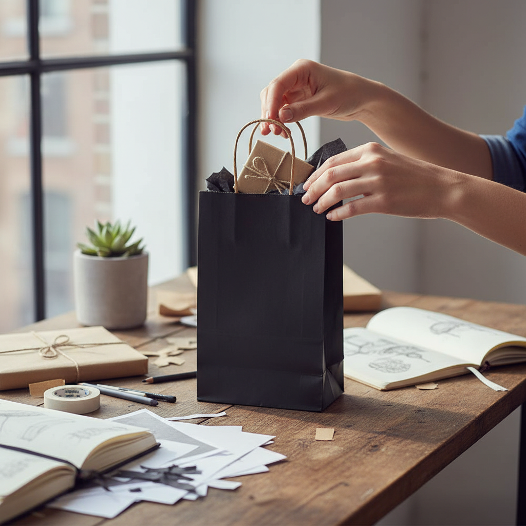 Sacoșe hârtie cu mâner răsucit - negru (set 12 buc)