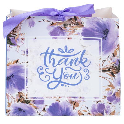 Pungi dreptunghiulare din hârtie Thank you cu model floral și panglică - mov (set 12 buc) - 16x14x7cm