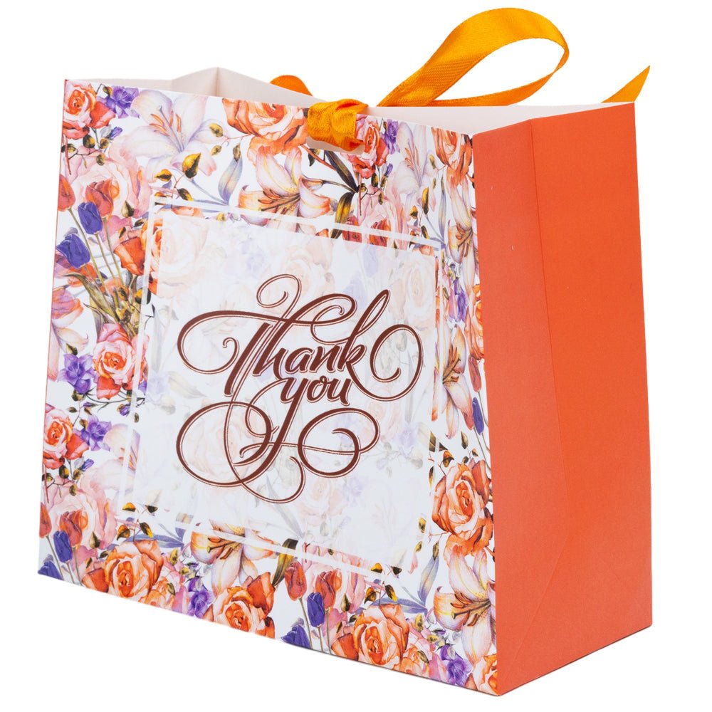 Pungă dreptunghiulară din hârtie Thank you cu model floral și panglică - portocaliu (set 12 buc) - 16x14x7cm - CraftUp