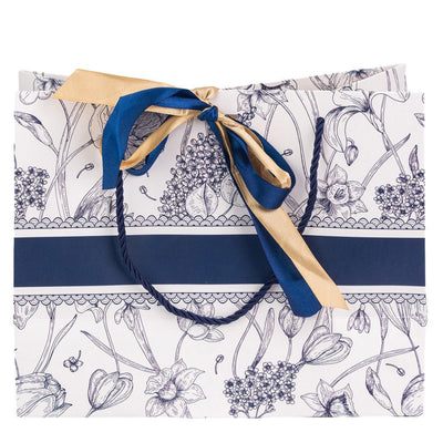 Pungi model floral cu 2 panglici colorate și mâner din sfoară - albastru (set 10 buc) 25x12x20cm
