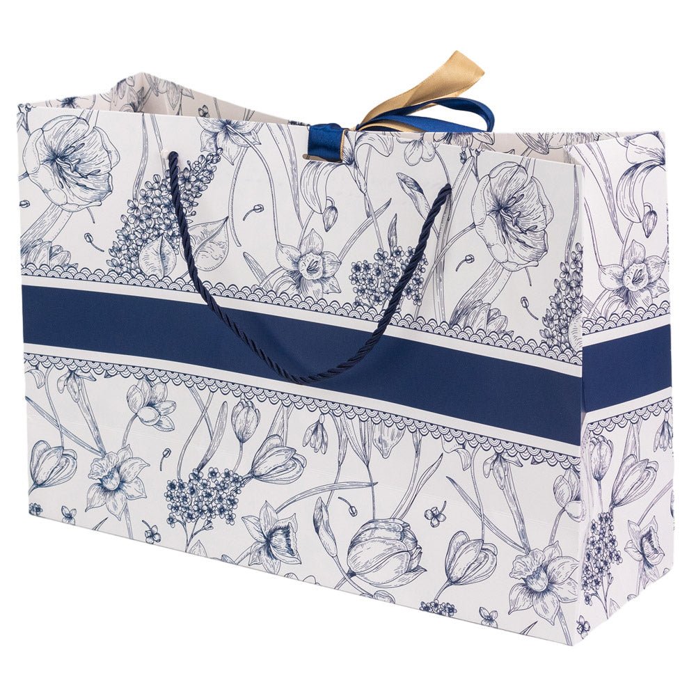 Pungă model floral cu 2 panglici colorate și mâner din sfoară - albastru (set 10 buc) 36x12x24cm - CraftUp