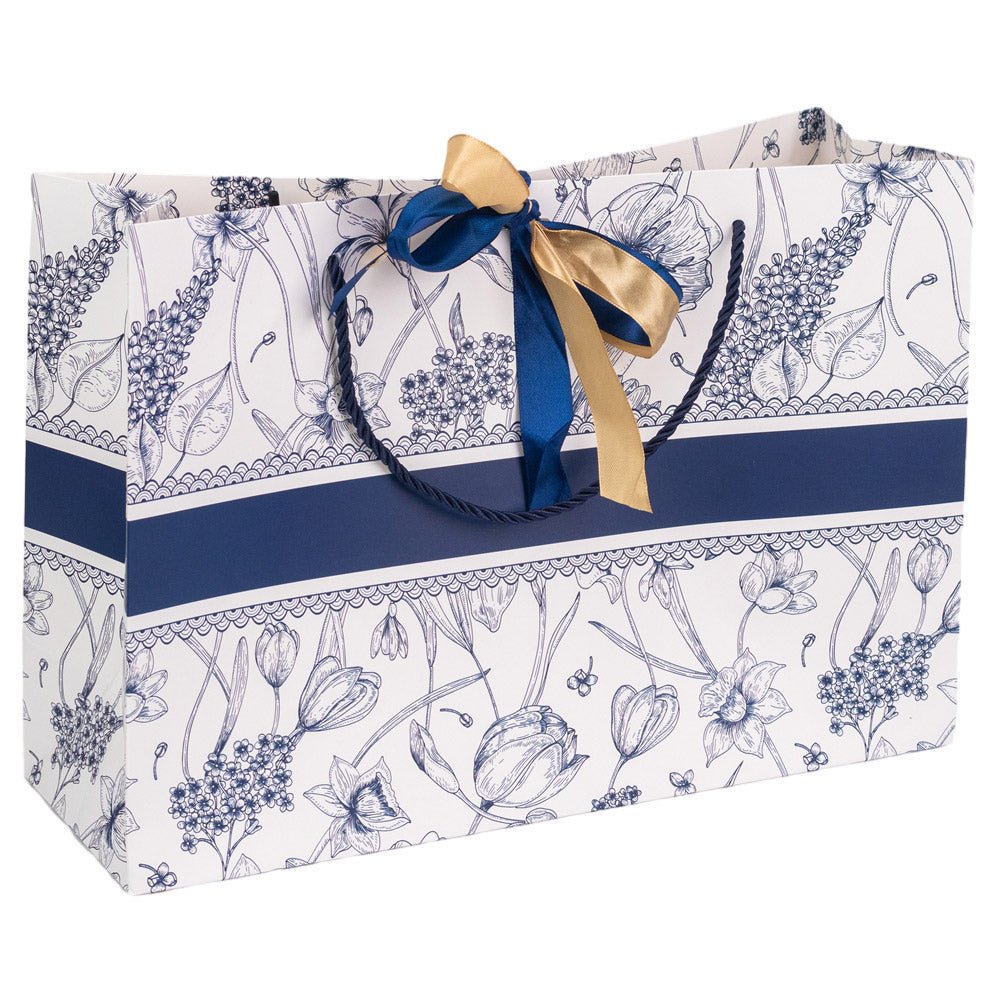 Pungă model floral cu 2 panglici colorate și mâner din sfoară - albastru (set 10 buc) 36x12x24cm - CraftUp