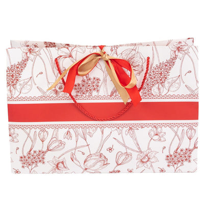 Pungi model floral cu 2 panglici colorate și mâner din sfoară - roșu (set 10 buc) 36x12x24cm