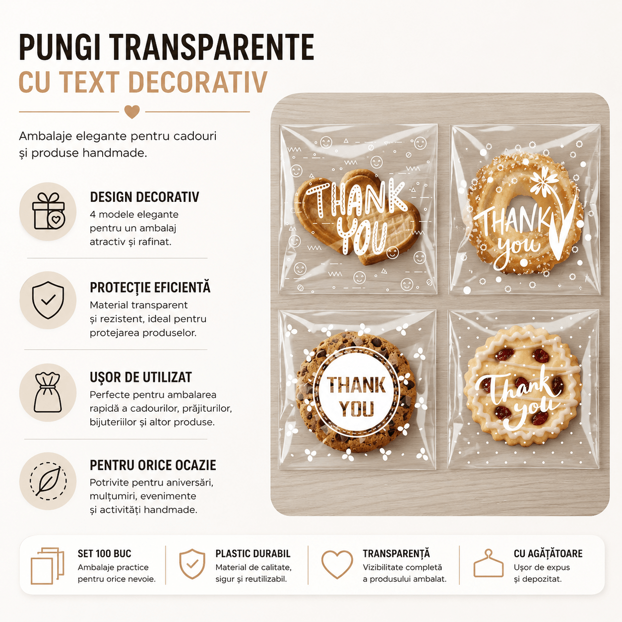 Pungi adezive cu print Thank You - transparent (set 50 buc) - CraftUp