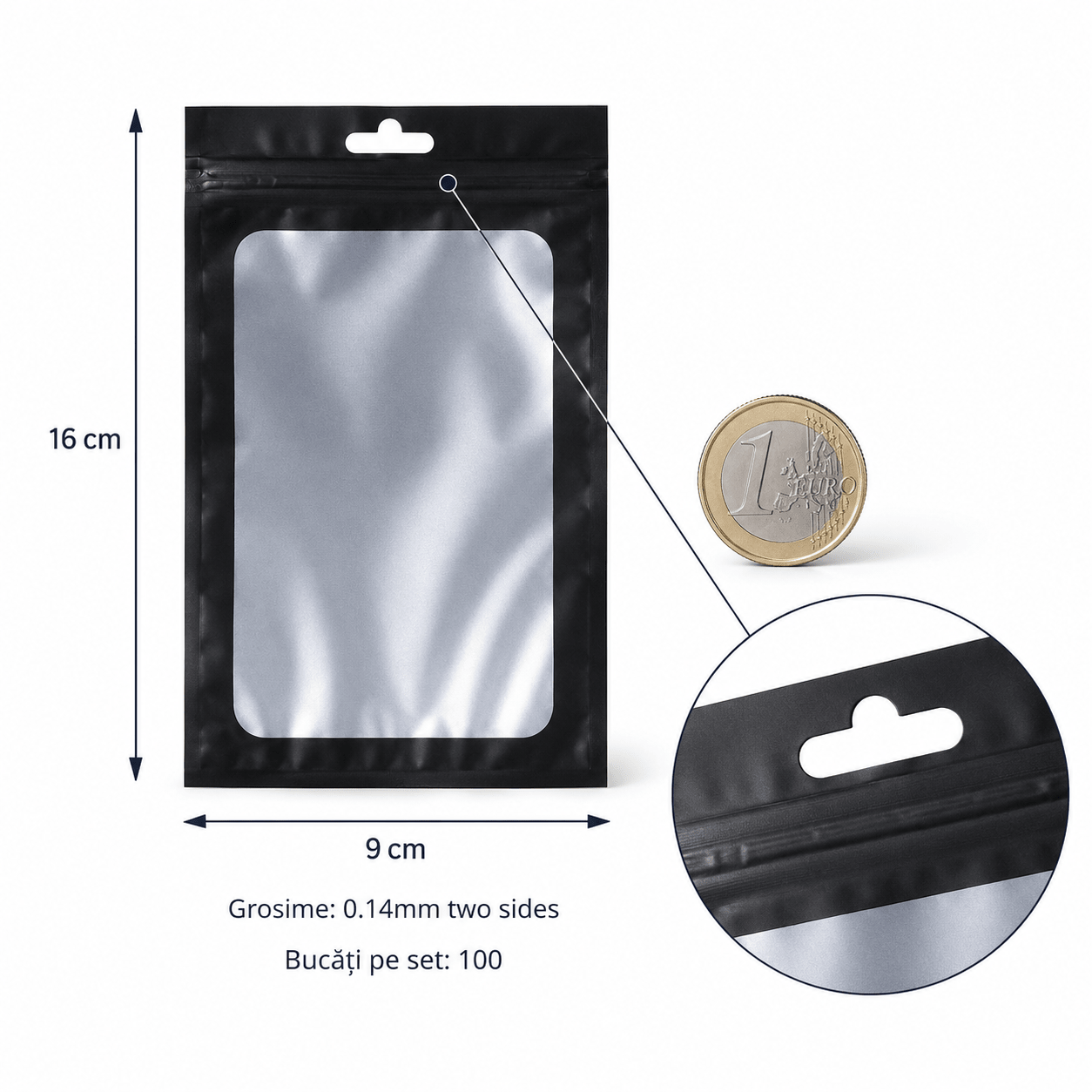 Pungi aluminiu cu fereastră și agățătoare - negru (set 100 buc) - CraftUp