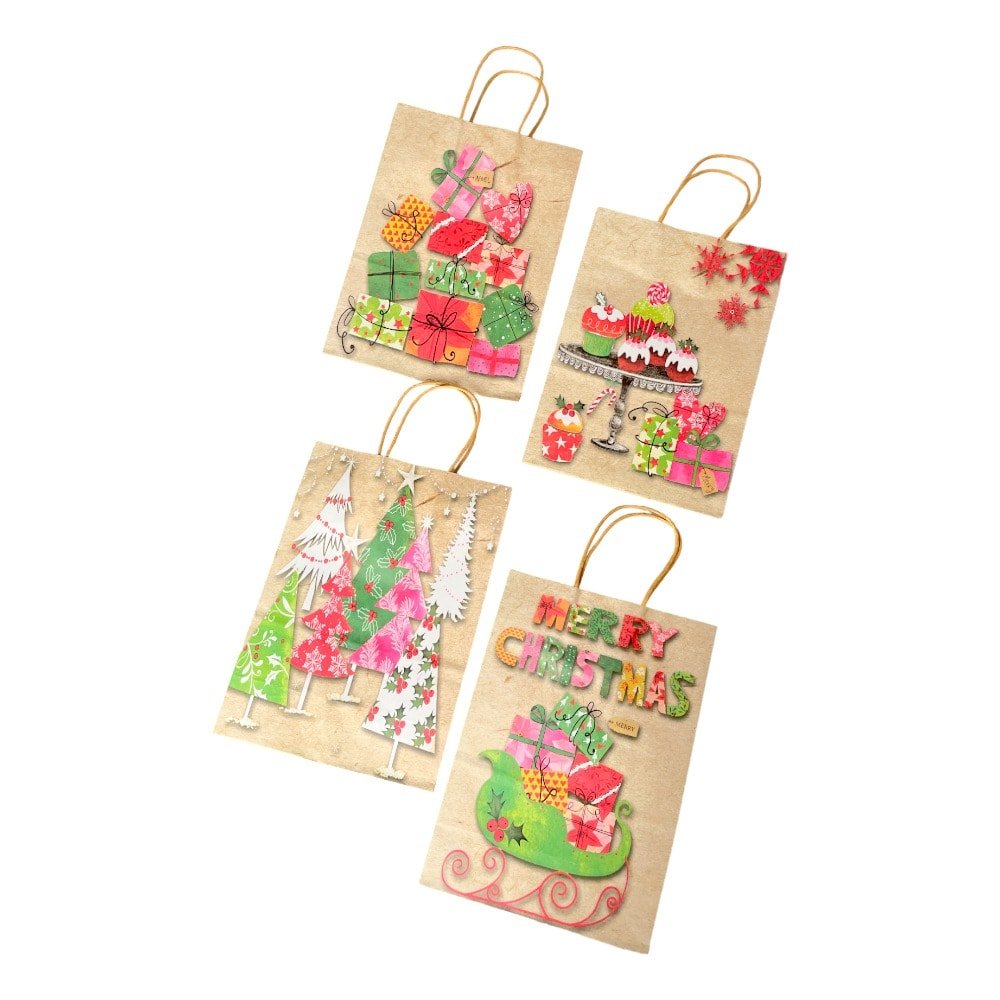 Pungi cadou Crăciun hârtie kraft mix 4 modele - model 7 Cadourile Moșului (set 12 buc) - CraftUp