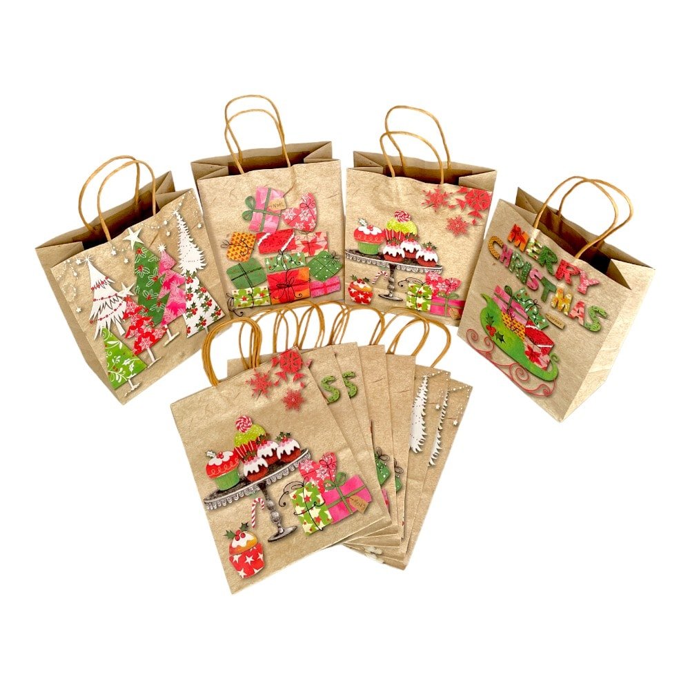 Pungi cadou Crăciun hârtie kraft mix 4 modele - model 7 Cadourile Moșului (set 12 buc) - CraftUp