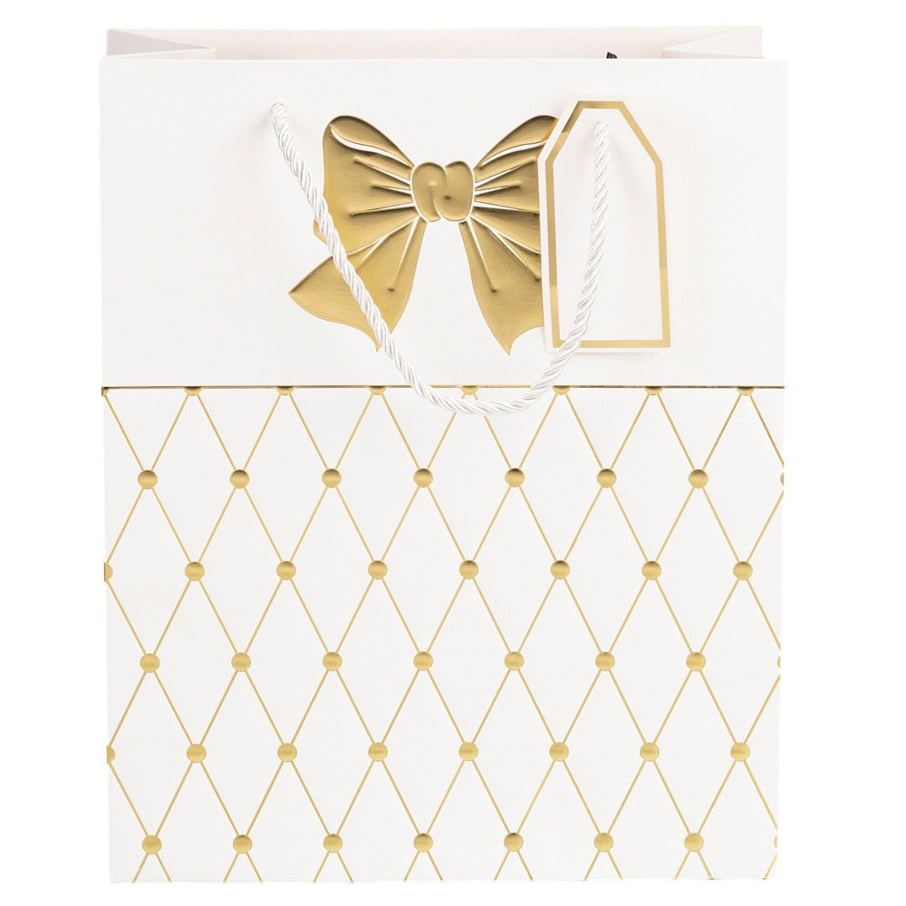 Pungi cadou cu mâner model fundă și romburi aurii 26x32x12cm - alb (set 12 buc) - CraftUp