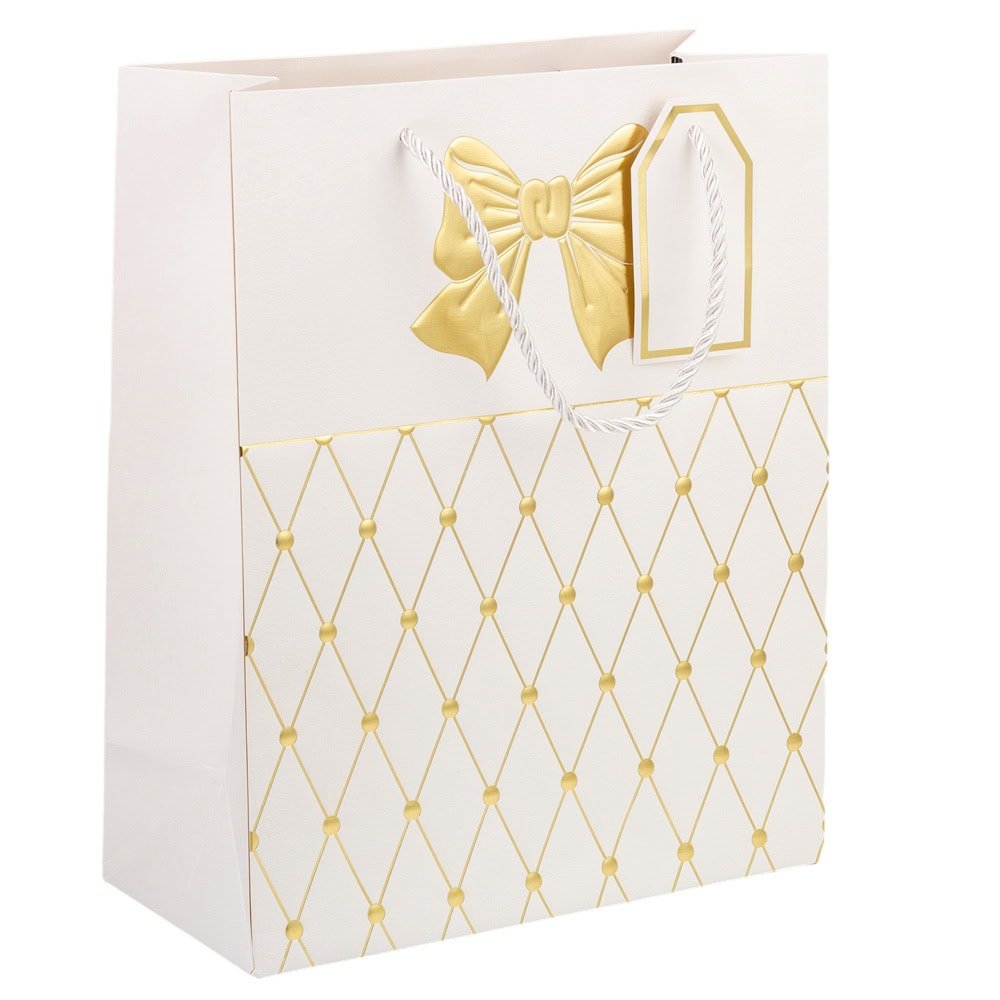 Pungi cadou cu mâner model fundă și romburi aurii 26x32x12cm - alb (set 12 buc) - CraftUp