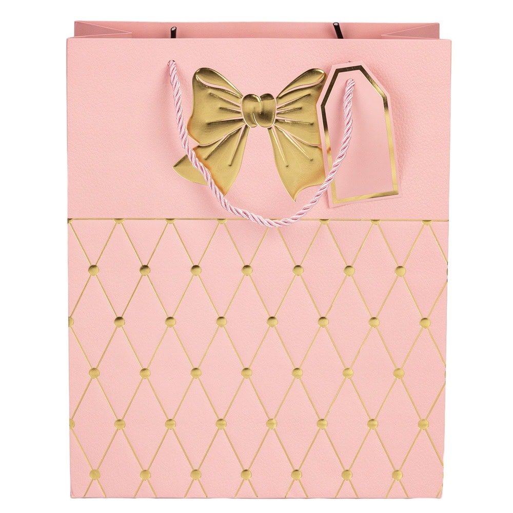Pungi cadou cu mâner model fundă și romburi aurii 31x42x12cm - roz (set 12 buc) - CraftUp