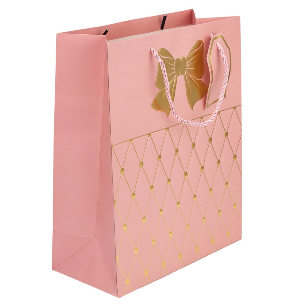 Pungi cadou cu mâner model fundă și romburi aurii 31x42x12cm - roz (set 12 buc) - CraftUp