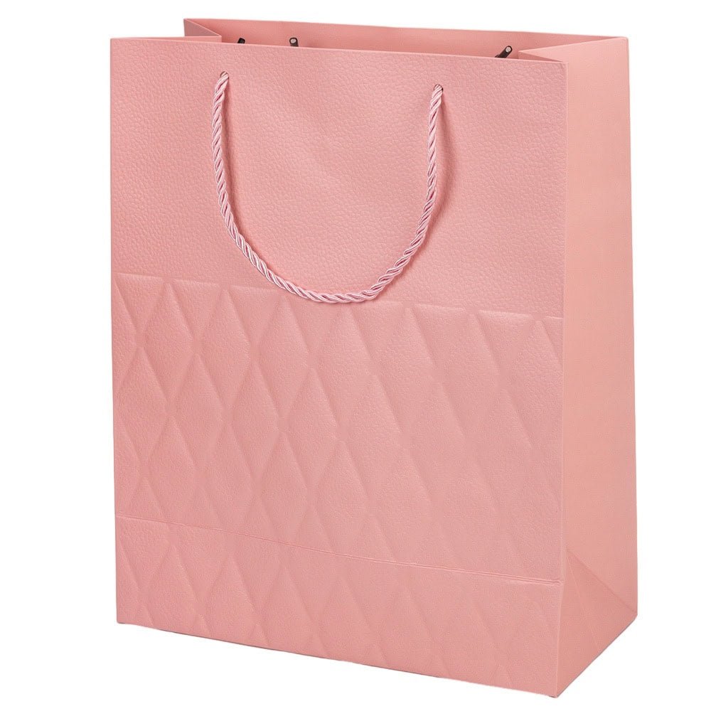 Pungi cadou cu mâner model fundă și romburi aurii 31x42x12cm - roz (set 12 buc) - CraftUp