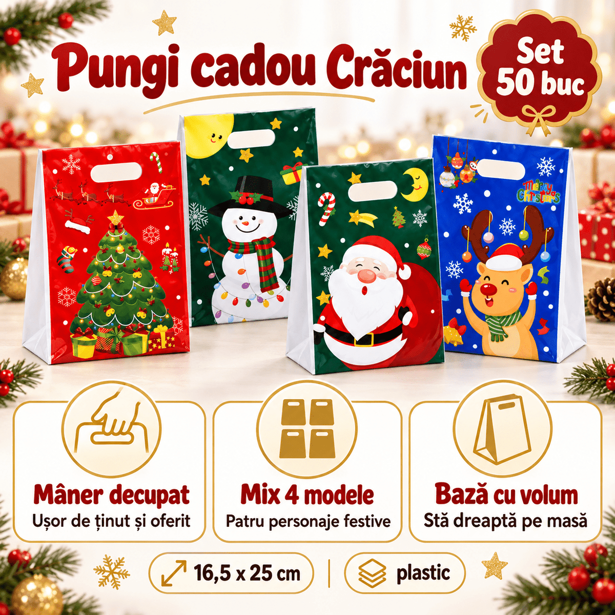 Pungi cadou de Crăciun cu mâner și personaje - mix 4 modele (set 50 buc) - CraftUp