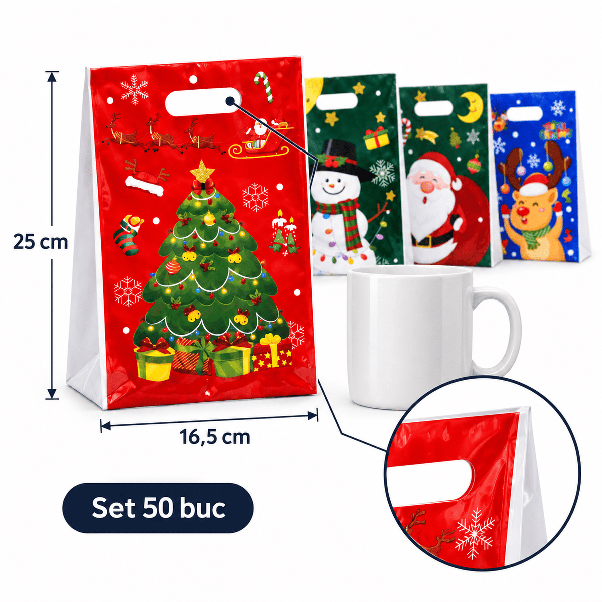 Pungi cadou de Crăciun cu mâner și personaje - mix 4 modele (set 50 buc) - CraftUp