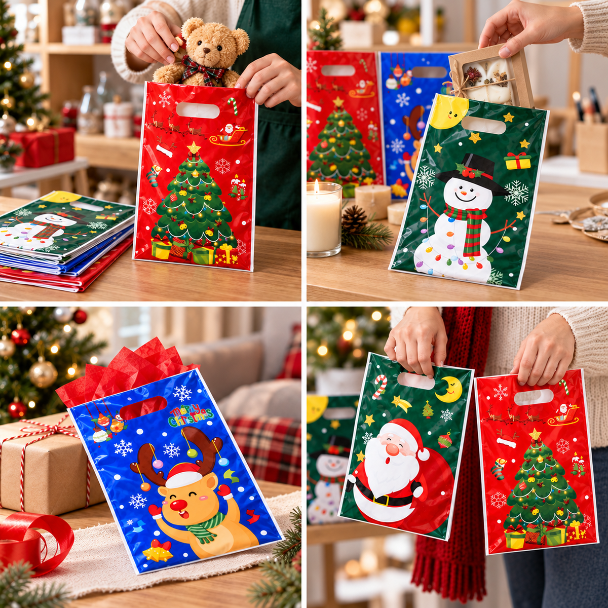 Pungi cadou de Crăciun cu mâner și personaje - mix 4 modele (set 50 buc) - CraftUp