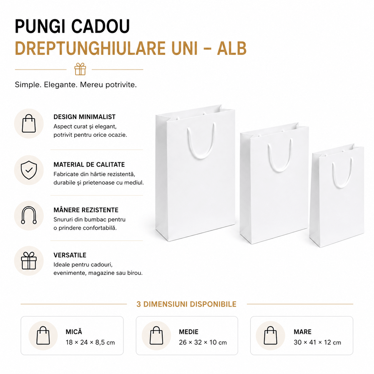 Pungi cadou dreptunghiulare uni - alb (set 12 buc) - CraftUp