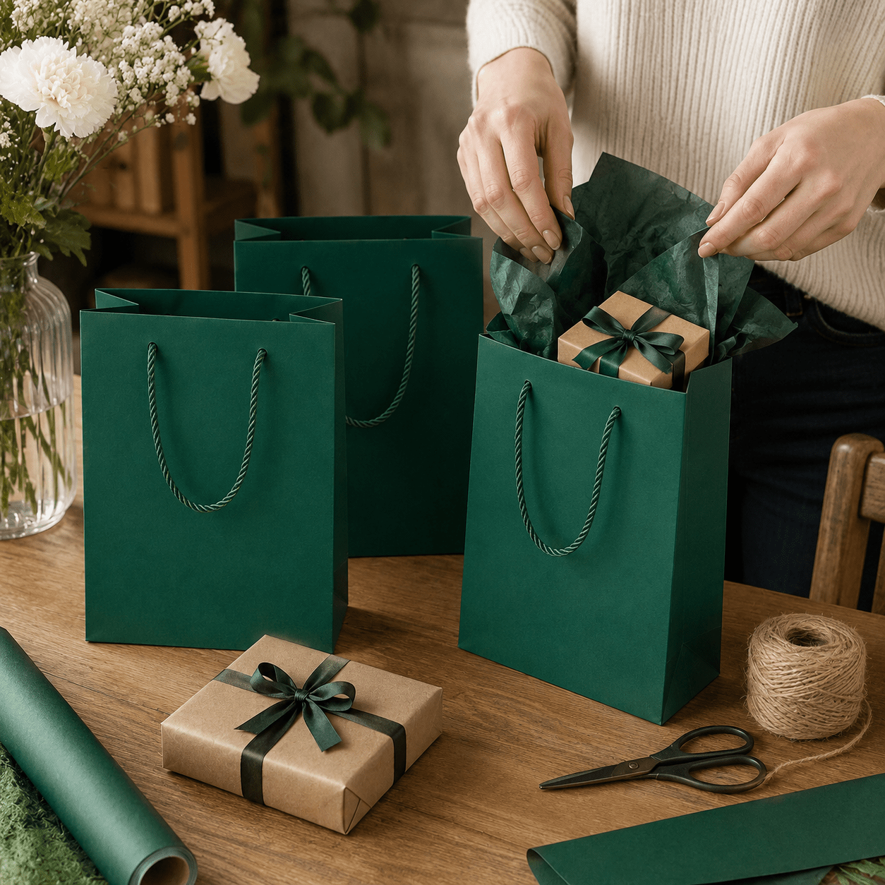 Pungi cadou dreptunghiulare uni - verde (set 12 buc) - CraftUp