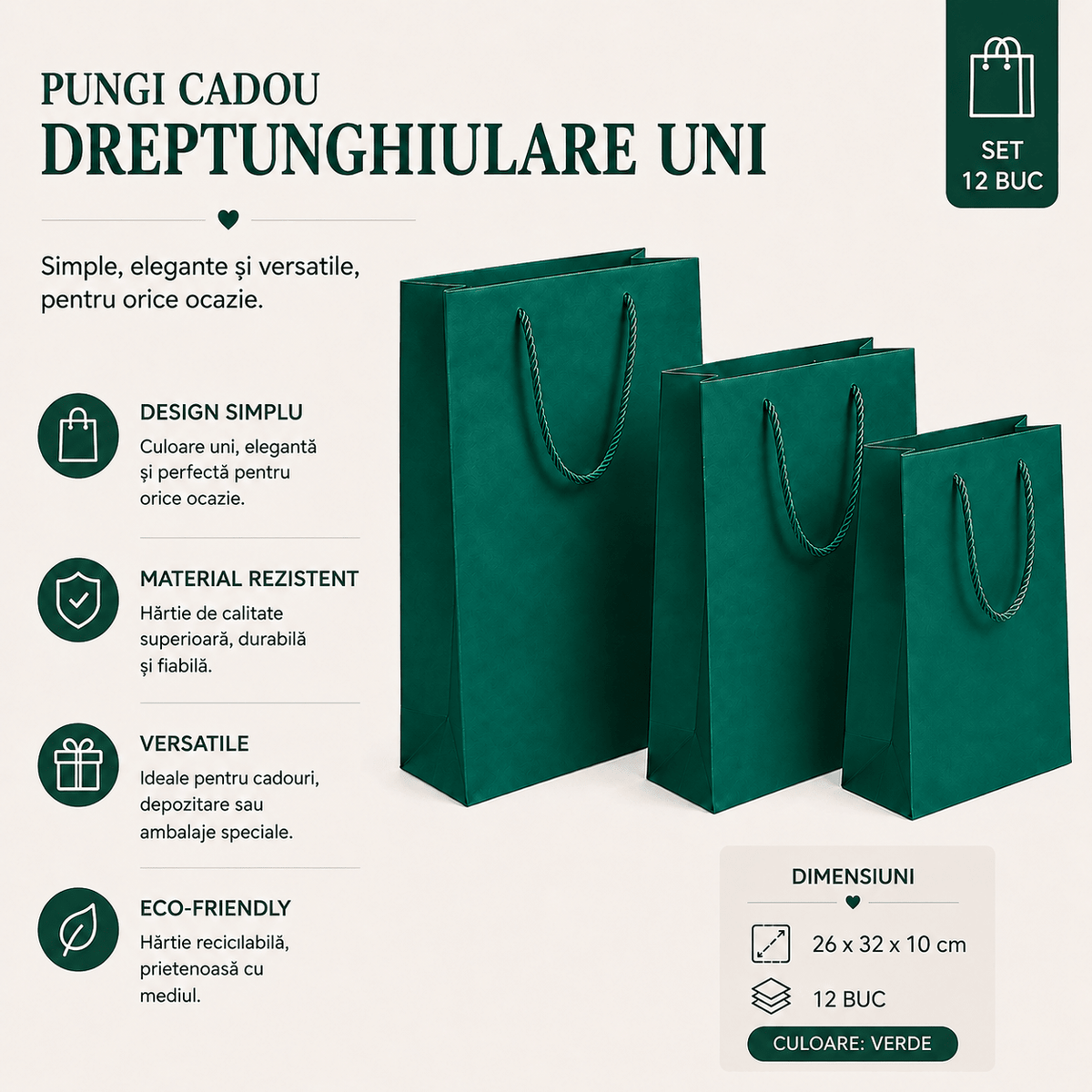 Pungi cadou dreptunghiulare uni - verde (set 12 buc) - CraftUp