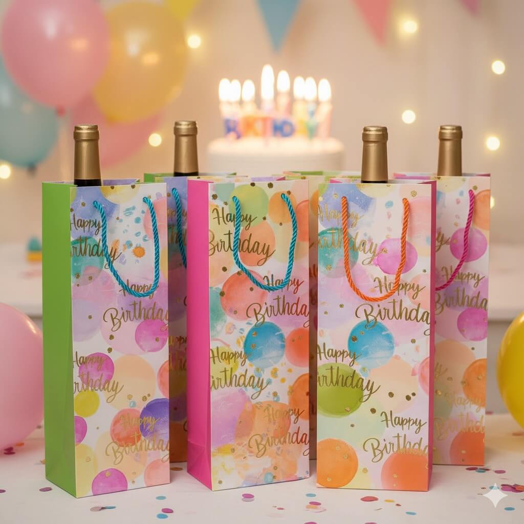Pungi colorate pentru sticle cu mesaj Happy Birthday, mix 4 modele (set 12 buc) - CraftUp