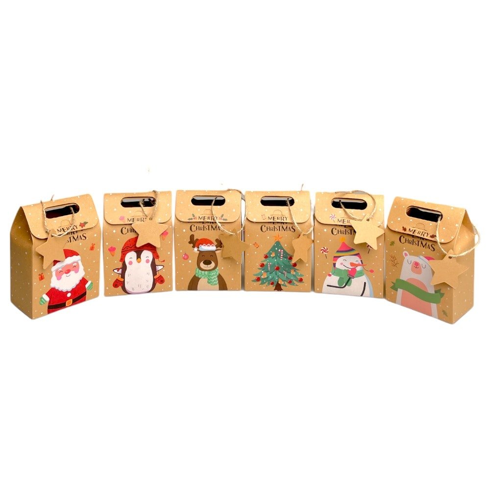 Pungi Crăciun cu mâner și etichetă în formă de stea mix 6 modele (set 24 buc) 9.4x6x14cm - CraftUp
