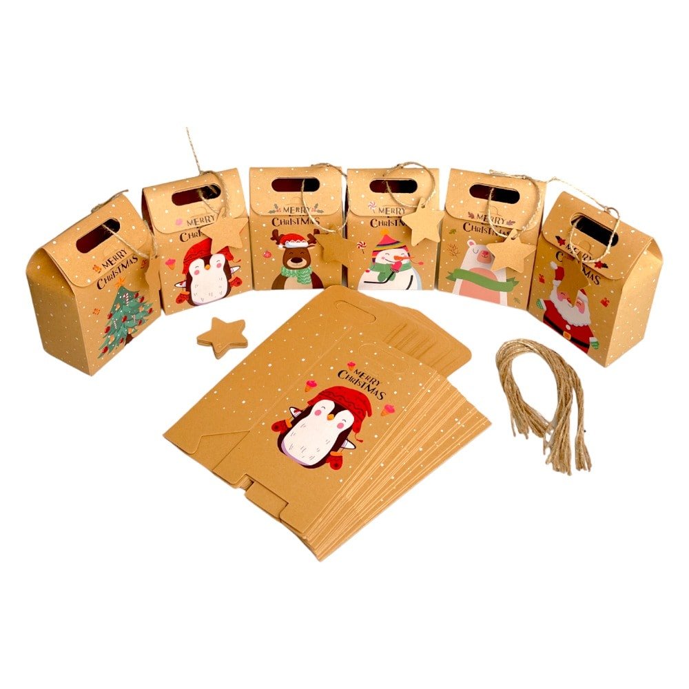 Pungi Crăciun cu mâner și etichetă în formă de stea mix 6 modele (set 24 buc) 9.4x6x14cm - CraftUp