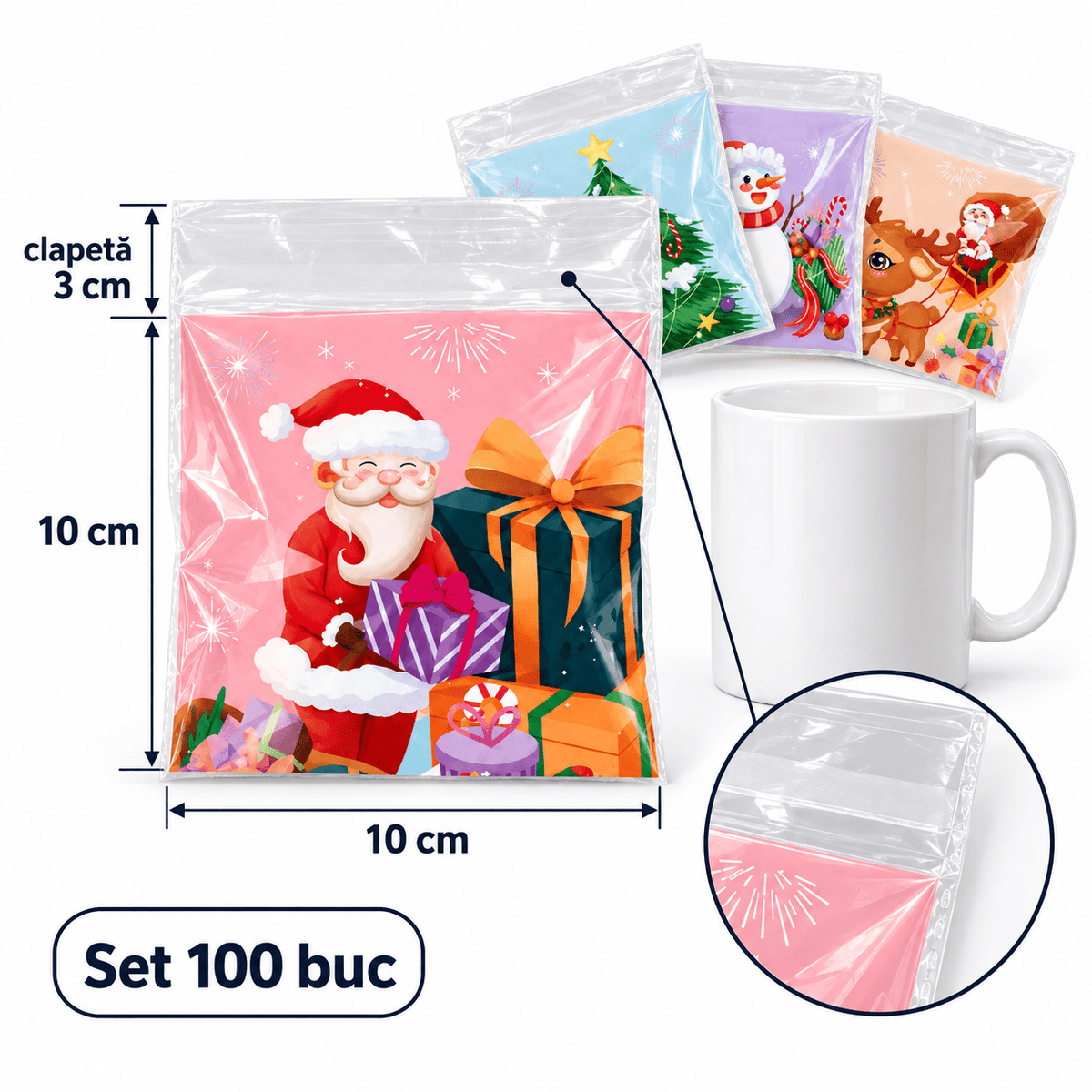 Pungi de Crăciun cu ilustrații și clapetă adezivă - mix 4 modele (set 100 buc) - CraftUp