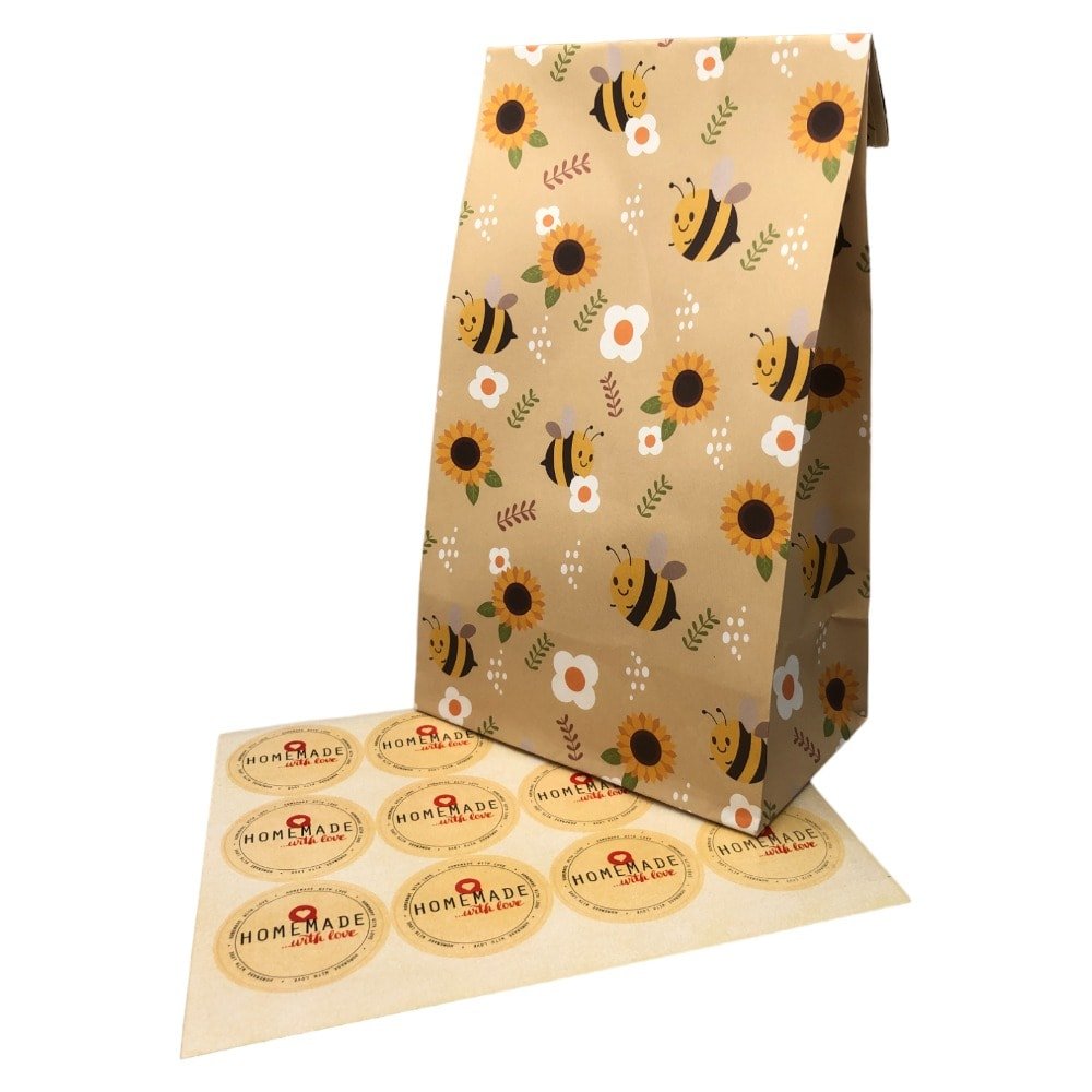 Pungi dreptunghiulare cu model albinuțe și sticker - bej (set 25 buc) 24x13x8cm - CraftUp