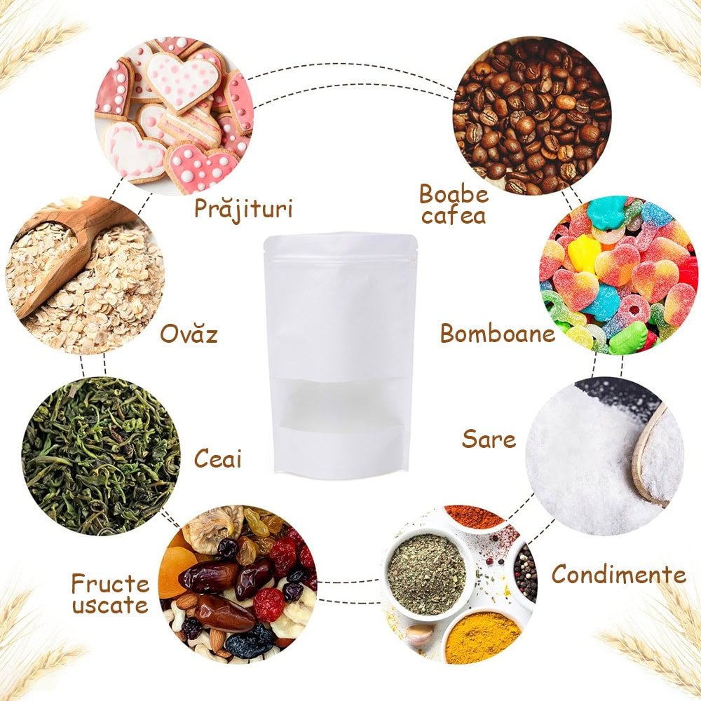 Pungi stand up reutilizabile cu fereastră și fermoar - alb (set 50 buc) - CraftUp